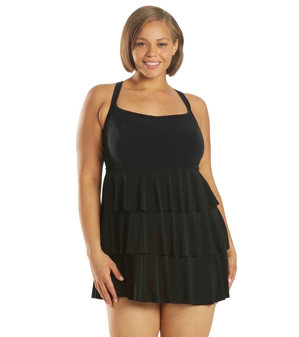 Longitude Plus Size Little Black Dress Triple Tier Swim - 18W - Swimoutlet.com