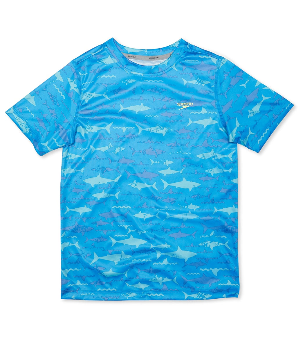 Speedo Boys' Printed Short Sleeve Swim Shirt Big Kid - Ibiza Blue Small Size Small Polyester - Swimoutlet.com