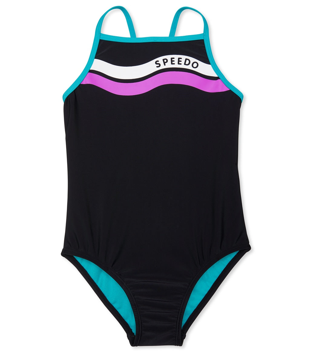 Speedo Girls' Graphic Logo One Piece Swimsuit Big Kid - Black 10 - Swimoutlet.com