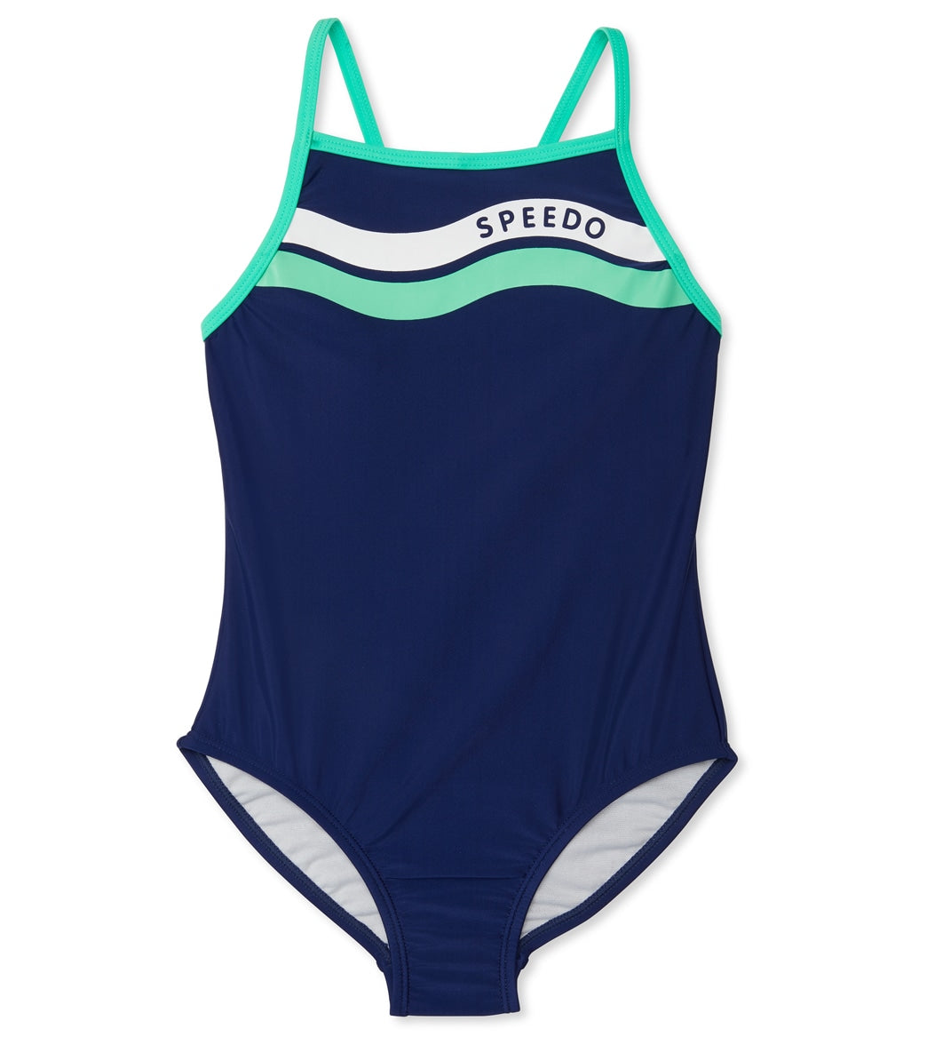 Speedo Girls' Graphic Logo One Piece Swimsuit Big Kid - Blue Harmony 10 - Swimoutlet.com