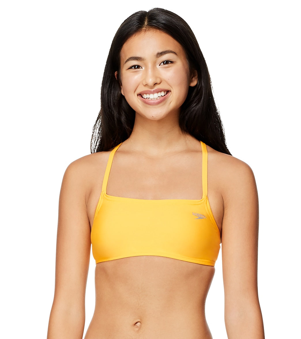 Speedo Women's Solid Strappy Fixed Back Bikini Top - Lemon Chrome Xs Size X-Small - Swimoutlet.com