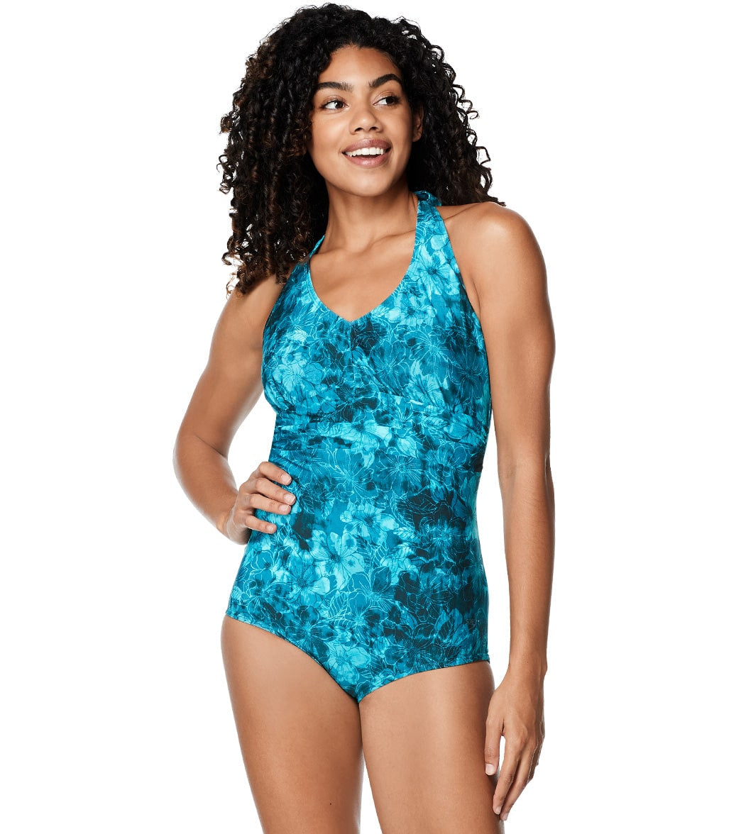 Speedo Women's Printed Halter One Piece Swimsuit - Turkish Sea 10 - Swimoutlet.com