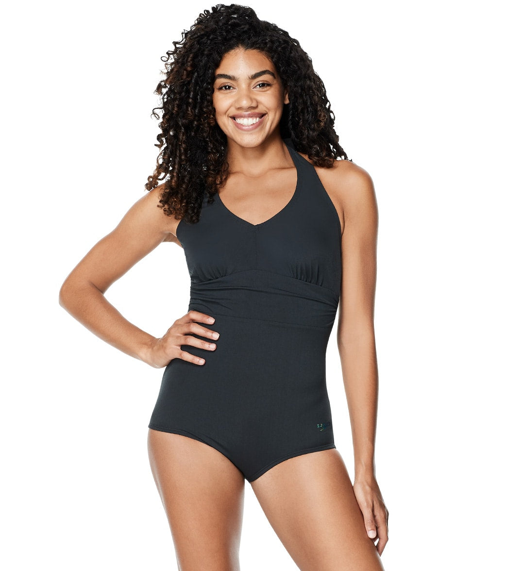 Speedo Women's Solid Halter One Piece Swimsuit - Black 10 - Swimoutlet.com