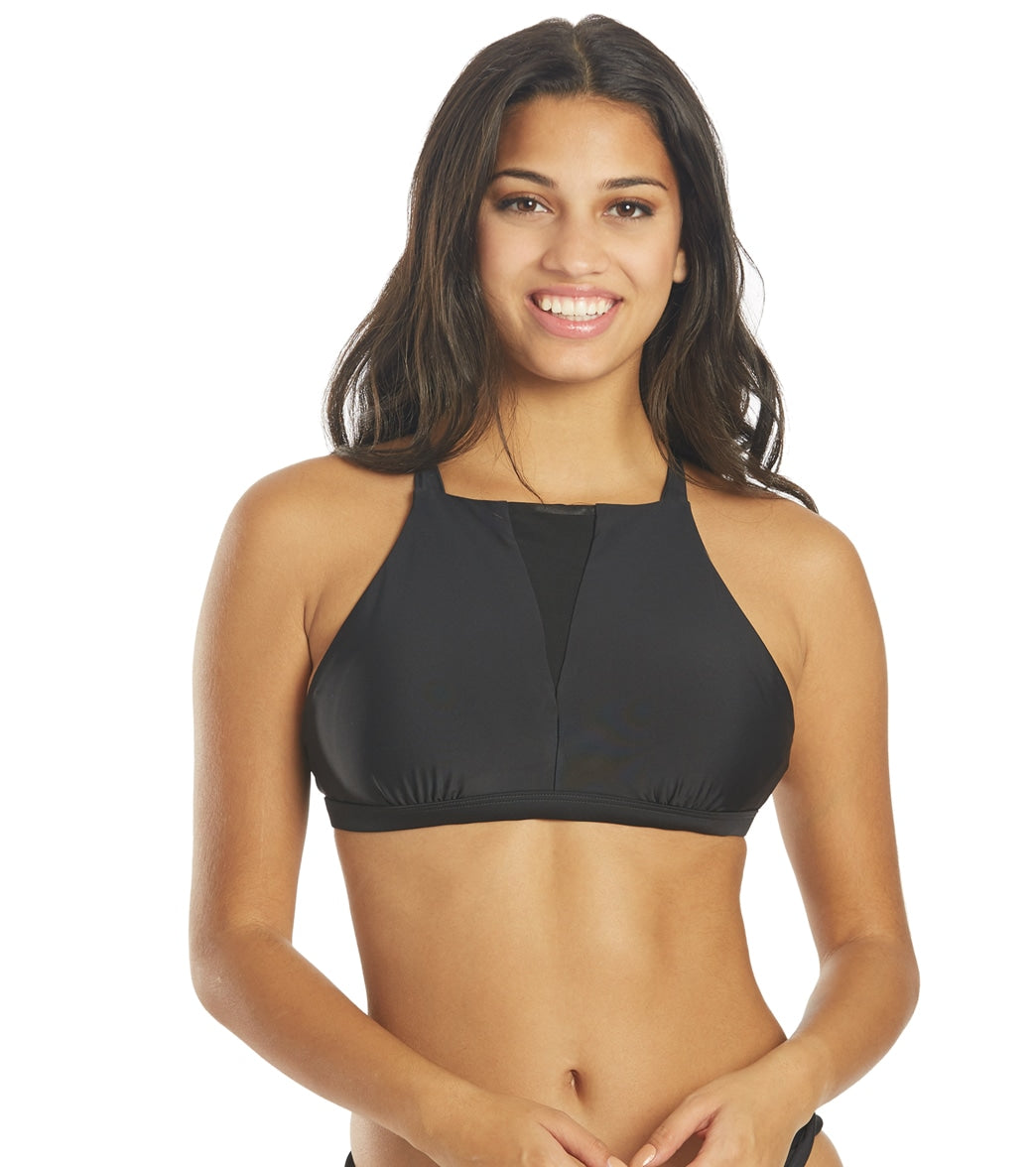 Prana Women's Regan High Neck Bikini Top - Black Solid Large Cotton/Polyester - Swimoutlet.com