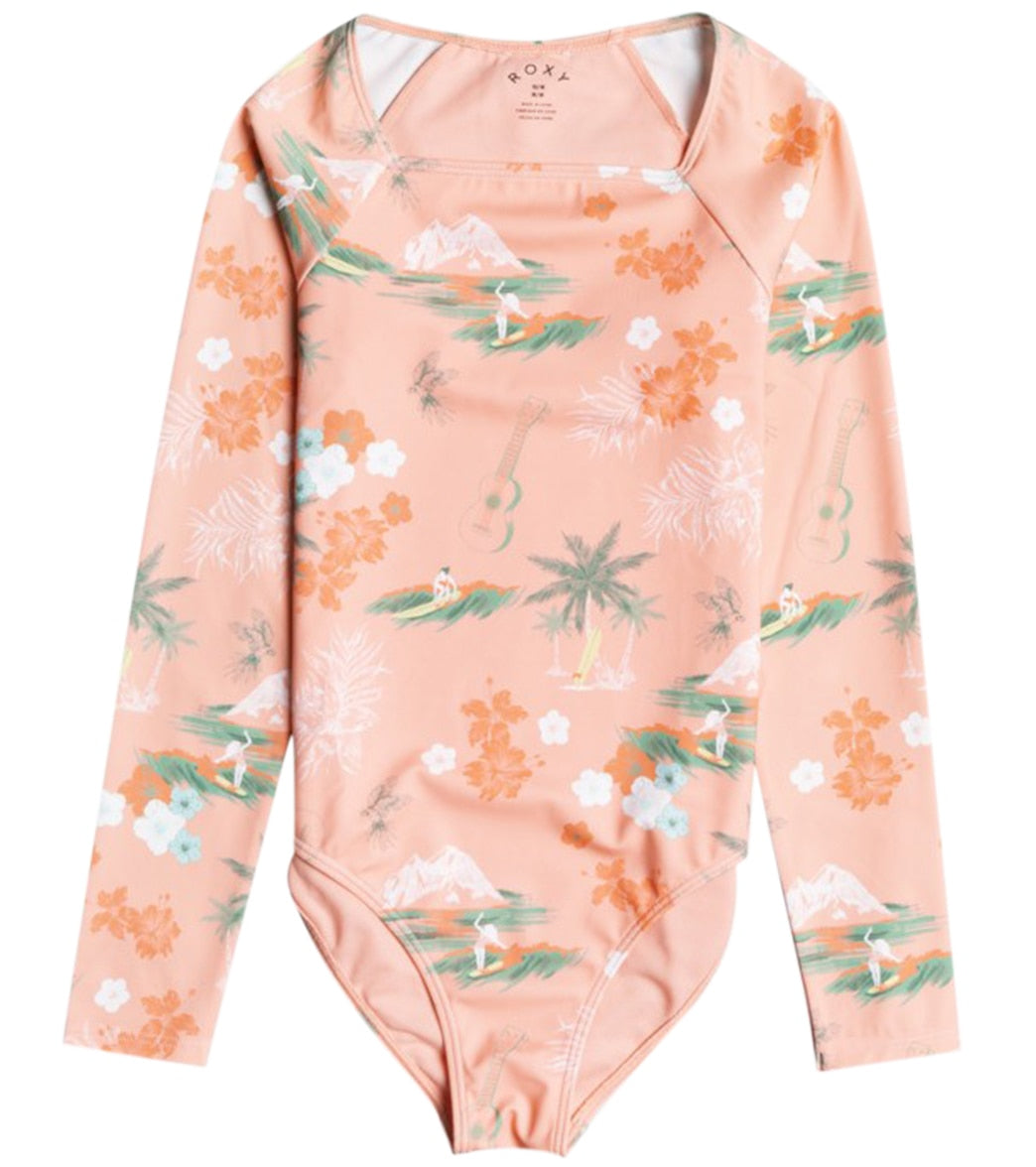 Roxy Girls' Surf Landscape Longsleeve One Piece Swimsuit - Peach Pearl Aloha Small 12 Big Kid - Swimoutlet.com