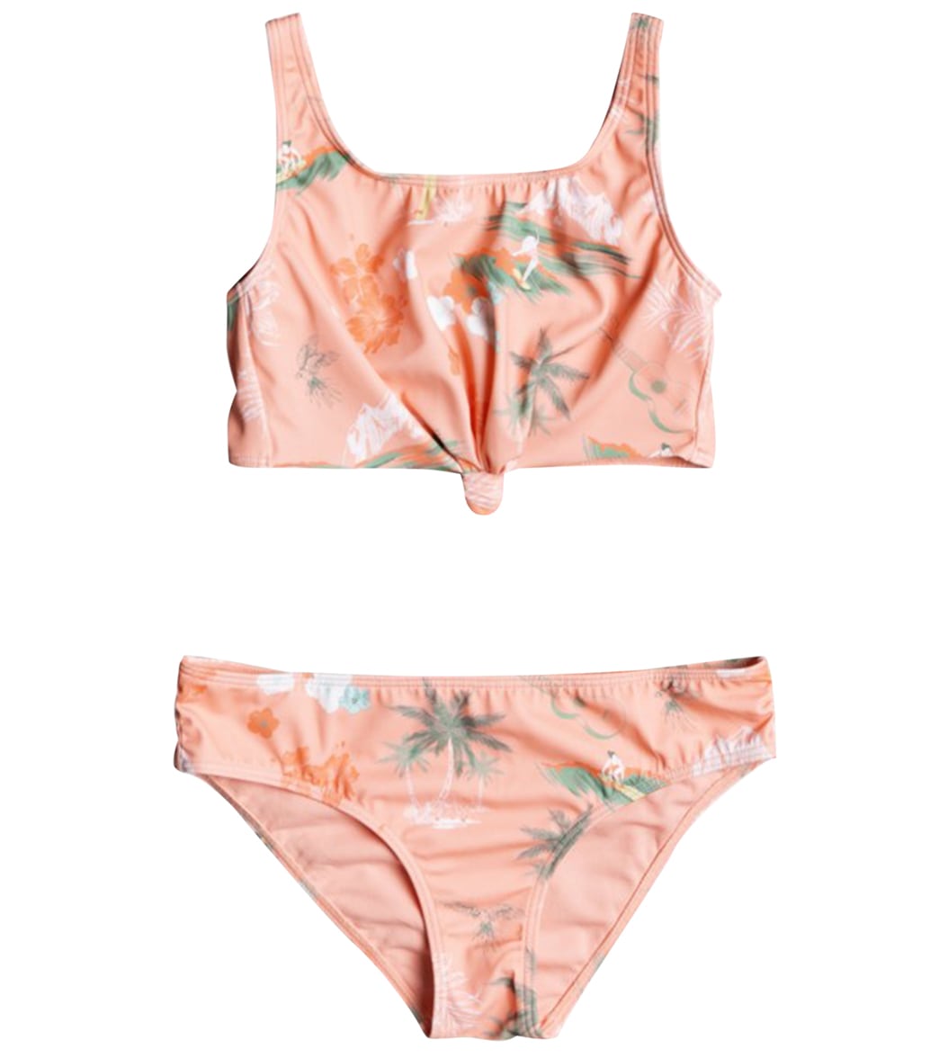 Roxy Girls' Surf Landscape Two Piece Crop Top Bikini Set - Peach Pearl Aloha Small 10 Big Kid - Swimoutlet.com
