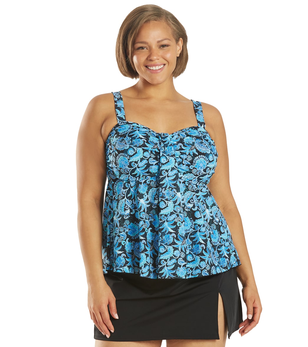 Fit4U Women's Plus Size Blue Bliss Waterfall Tankini Top D & E Cup - 16W - Swimoutlet.com