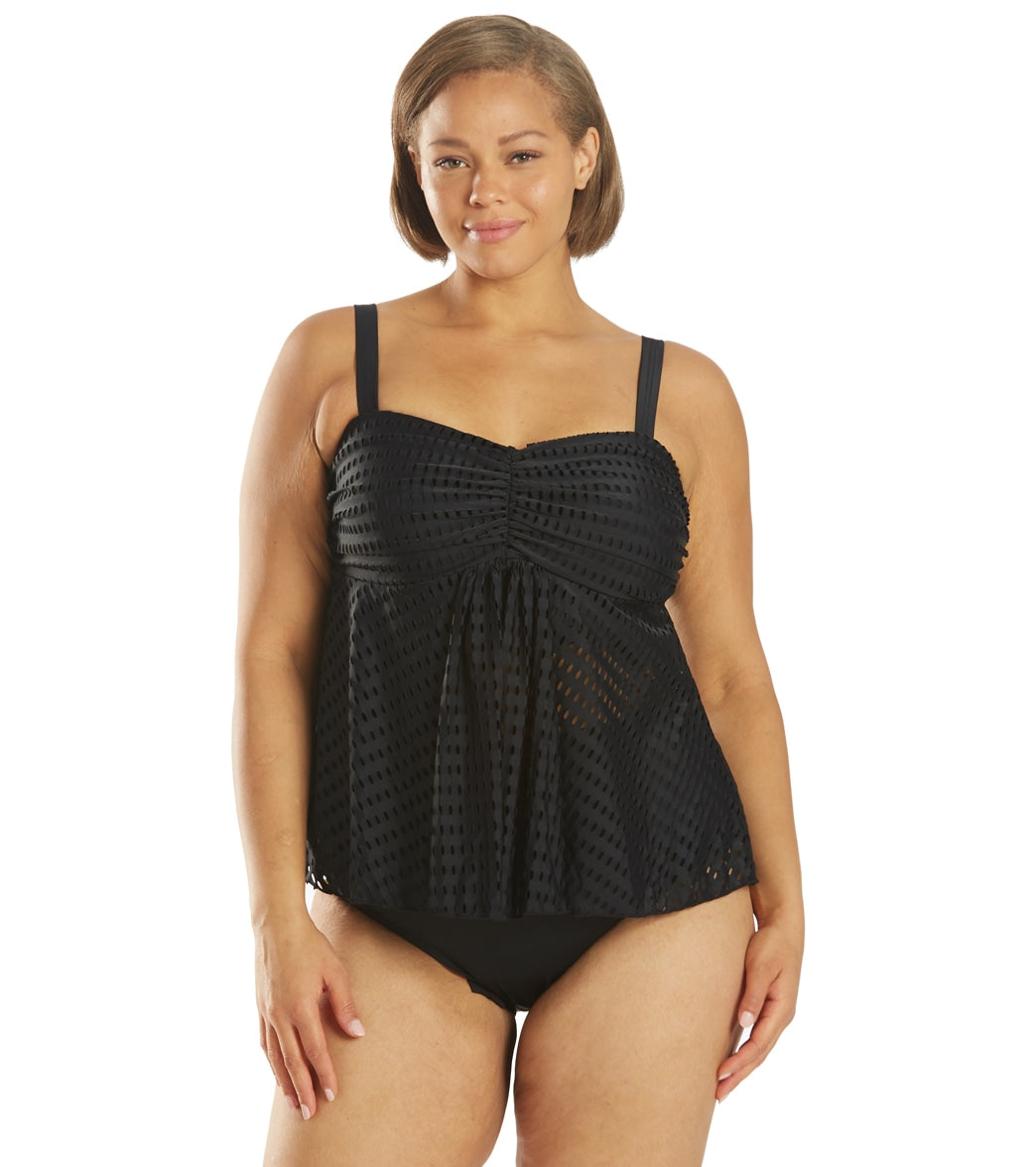 Fit4U Women's Plus Size Lattice Textured Bandeau Fly Away Tankini Top - Black 16W - Swimoutlet.com