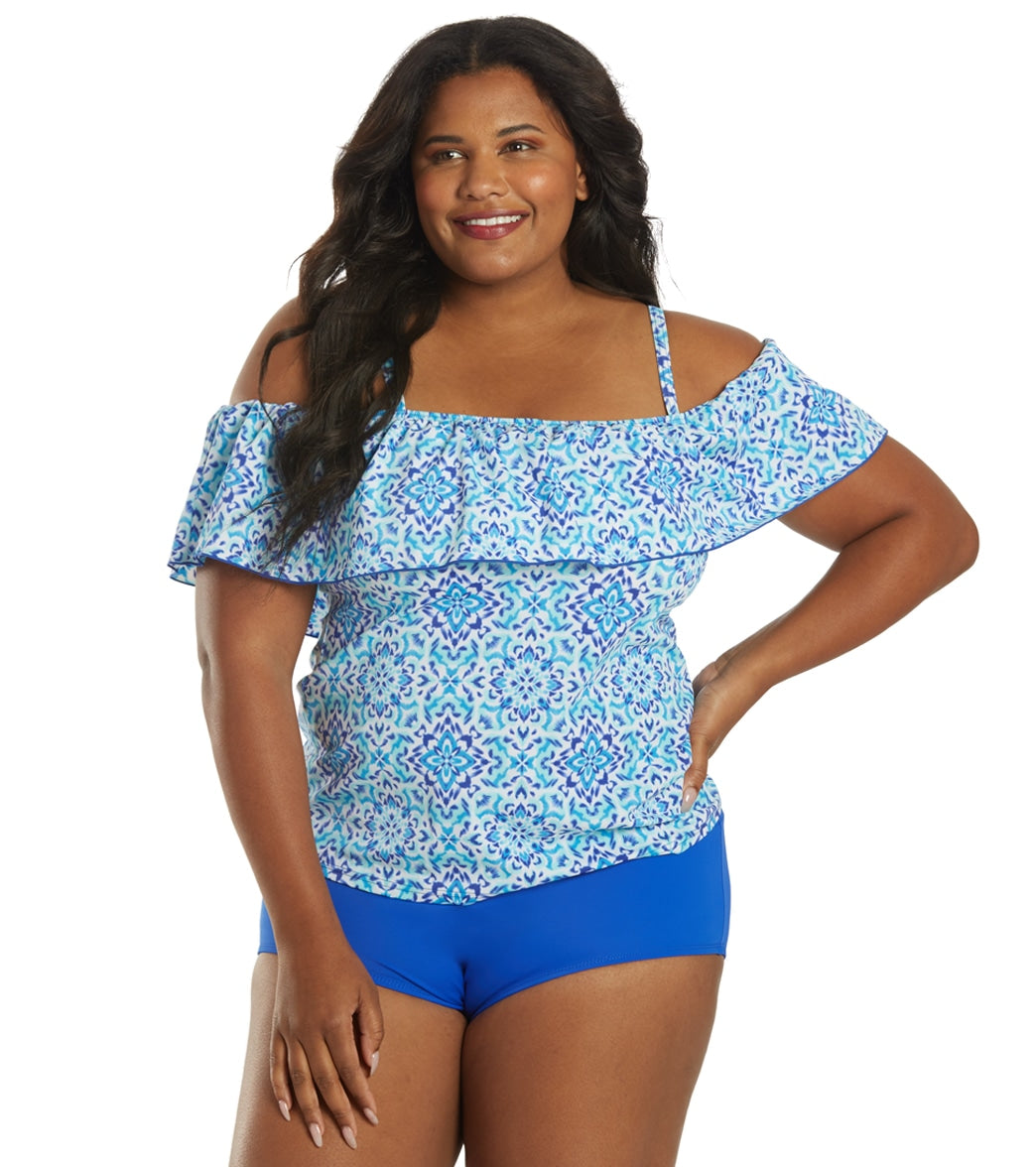 Fit4U Women's Plus Size Dye It Off The Shoulder Tankini Top C Cup - Blue 16W - Swimoutlet.com