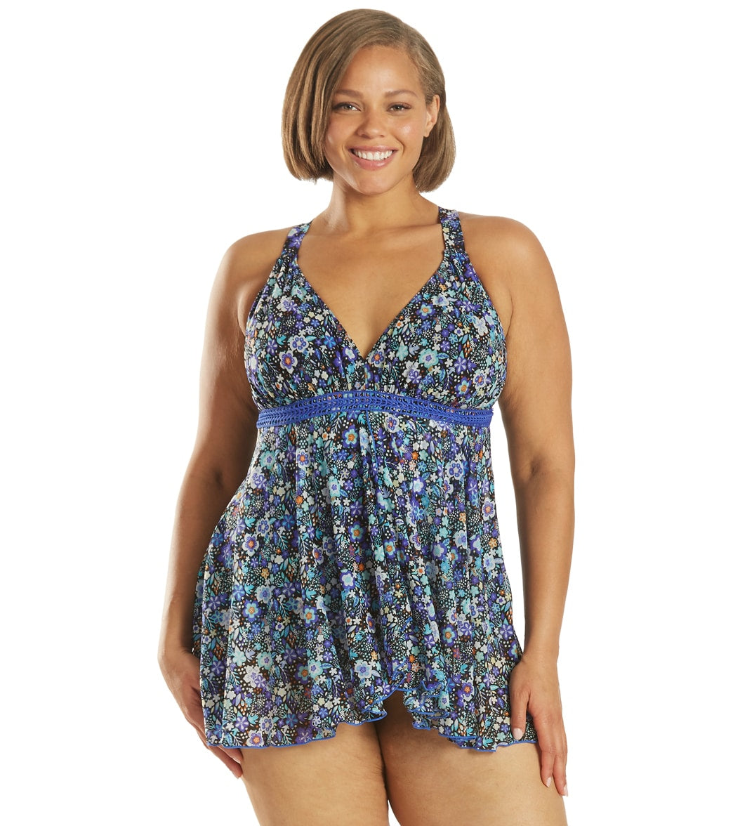 Fit4U Women's Plus Size Sweet Pea Mesh V-Neck Fly Away Swim Dress - Blue 16W - Swimoutlet.com