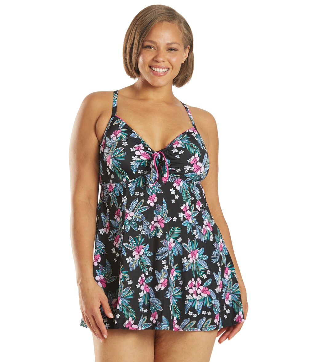 Fit4U Women's Plus Size Pina Colada Vintage Tie Front Swim Dress - Multi 16W - Swimoutlet.com