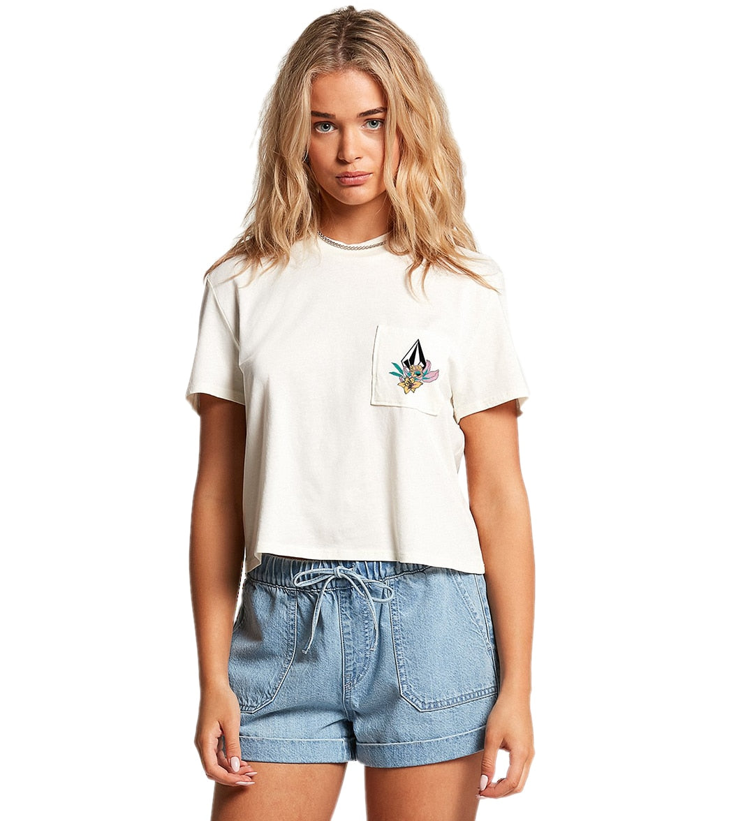 Volcom Women's Pocket Dial Short Sleeve Tee Shirt - Star White Large Cotton - Swimoutlet.com