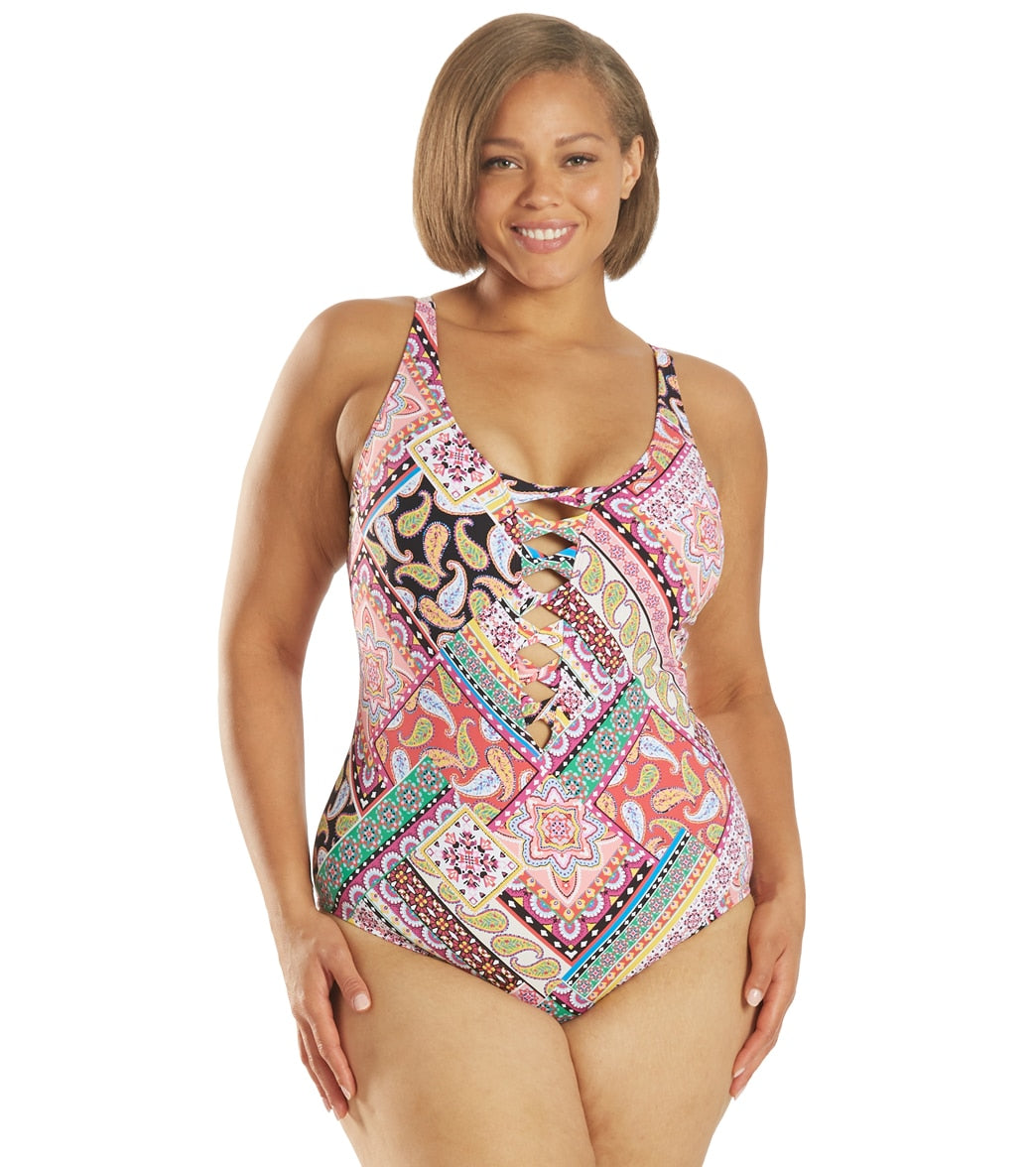 Bleu Rod Beattie Women's Plus Size Just Cool Lace Down Ots Mio Plunge One Piece Swimsuit - Multi 16W - Swimoutlet.com