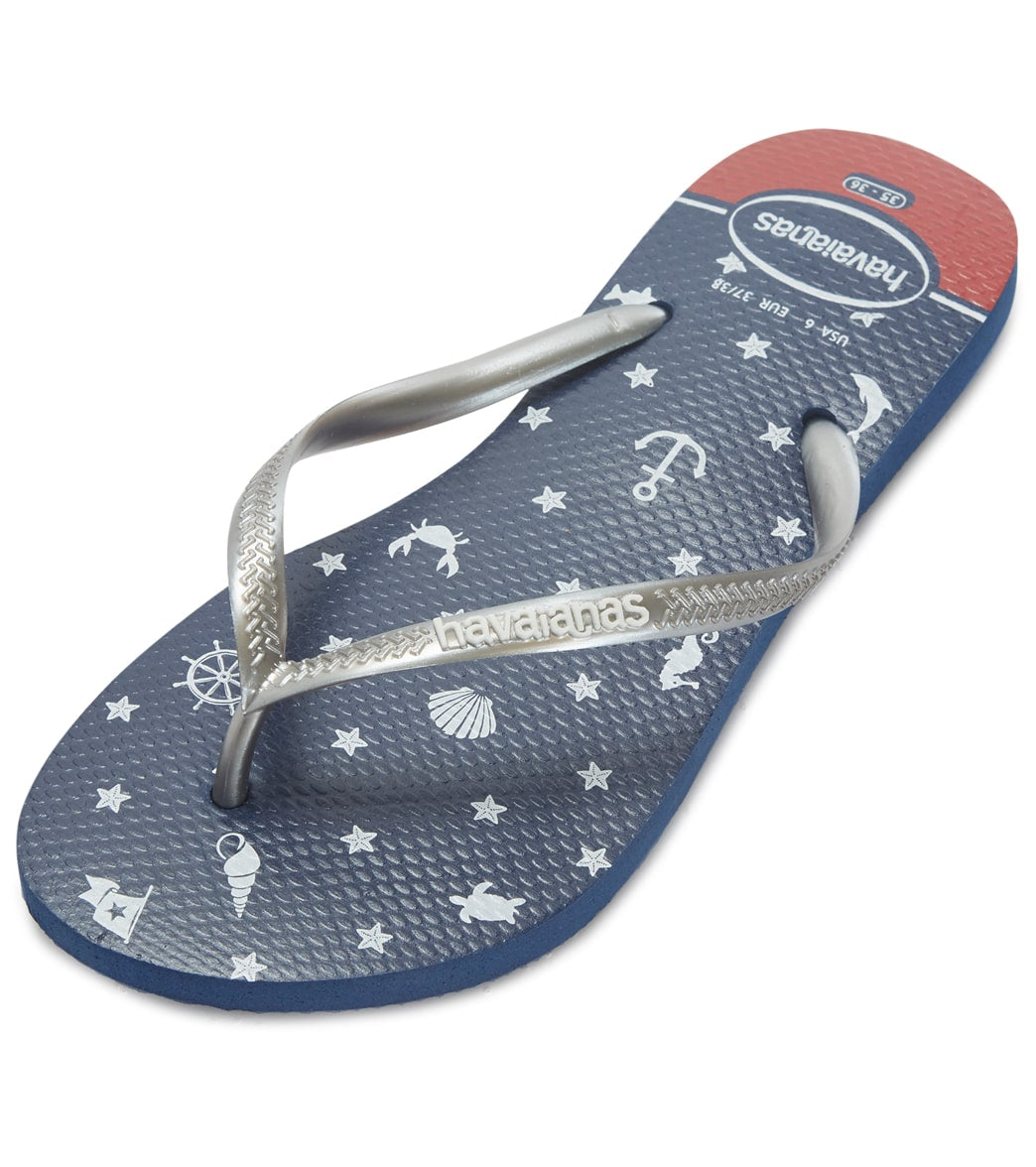 Havaianas Women's Slim Nautical Flip Flop - Navy Blue/Silver 35/36 Rubber - Swimoutlet.com