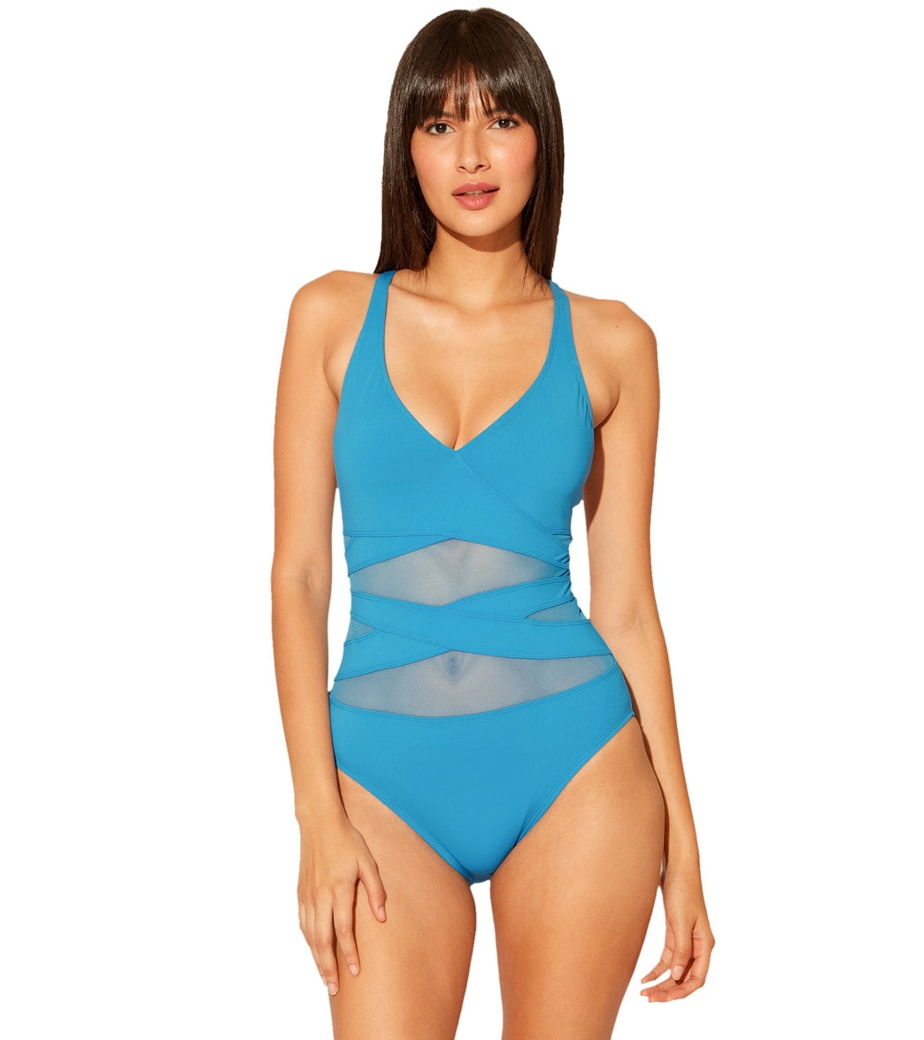 Bleu Rod Beattie Women's V Neck Criss Cross Mesh One Piece Swimsuit - Miramar Blue 10 - Swimoutlet.com