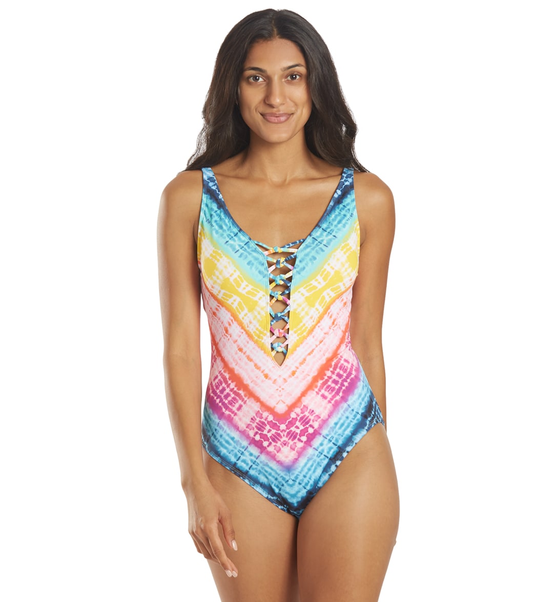 Bleu Rod Beattie Women's Good Vibrations Lattice Front Mio Plunge One Piece Swimsuit - Mutli 10 - Swimoutlet.com