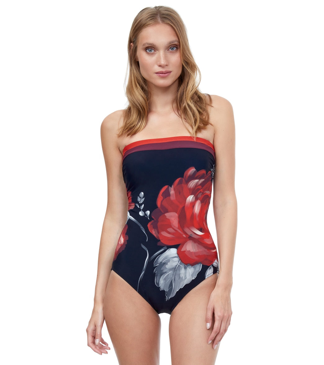 Gottex Women's Roses Are Red Bandeau One Piece Swimsuit - Black/Red 10 - Swimoutlet.com