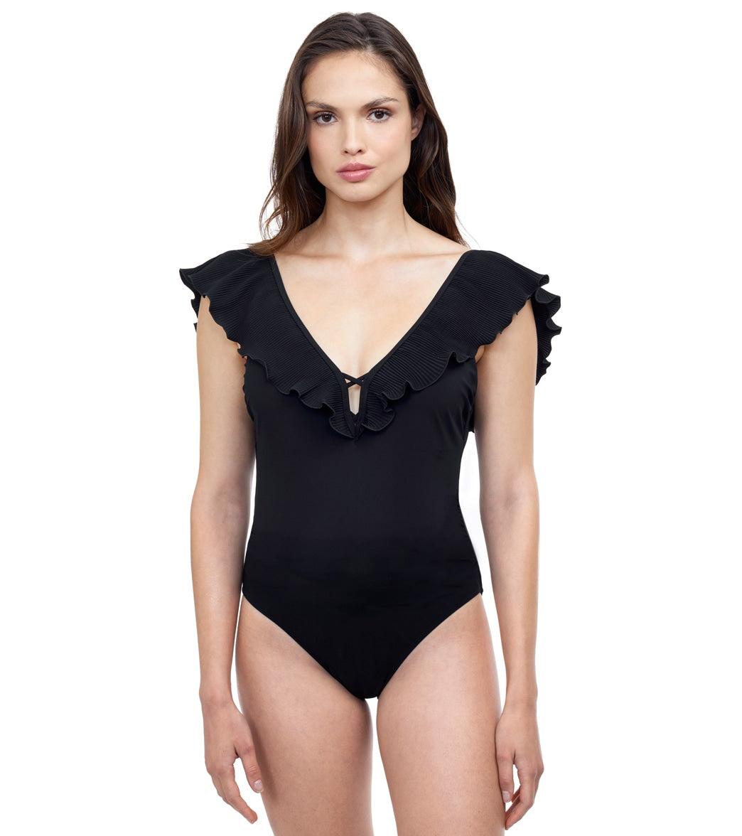 Profile By Gottex Women's Pleat It V Neck Ruffle One Piece Swimsuit - Black 10 Elastane/Polyamide - Swimoutlet.com