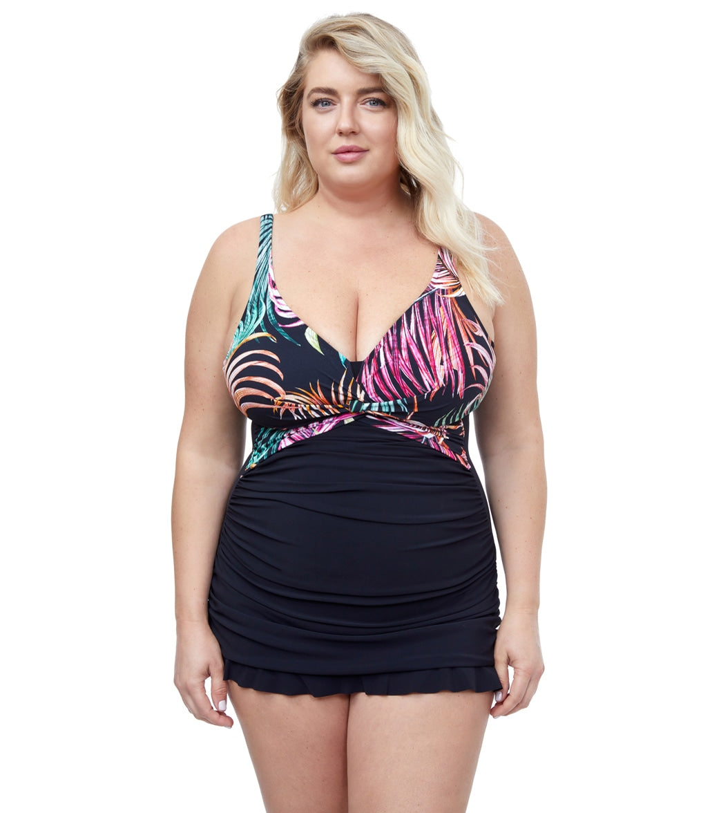 Profile By Gottex Women's Plus Size Tropico Swim Dress - Black Multi 16W Elastane/Polyamide - Swimoutlet.com