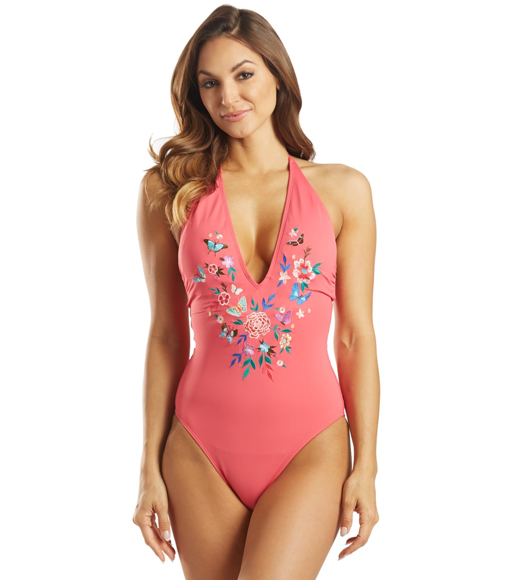 Johnny Was Women's Mariposa One Piece Swimsuit - Coral Large Elastane/Polyamide - Swimoutlet.com