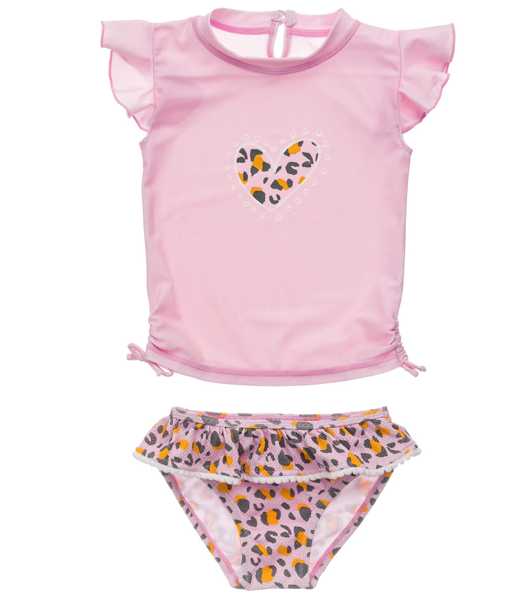 Snapper Rock Girls' Leopard Love Short Sleeve Two Piece Ruffle Rash Guard Set Baby - Pink 12-18 Months Elastane/Polyamide - Swimoutlet.com