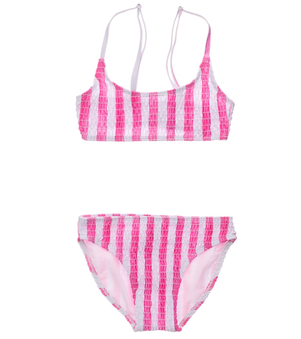 Snapper Rock Girls' Fiesta Stripe Shirred Crop Two Piece Bikini Big Kid - Pink 10 Elastane/Polyamide - Swimoutlet.com