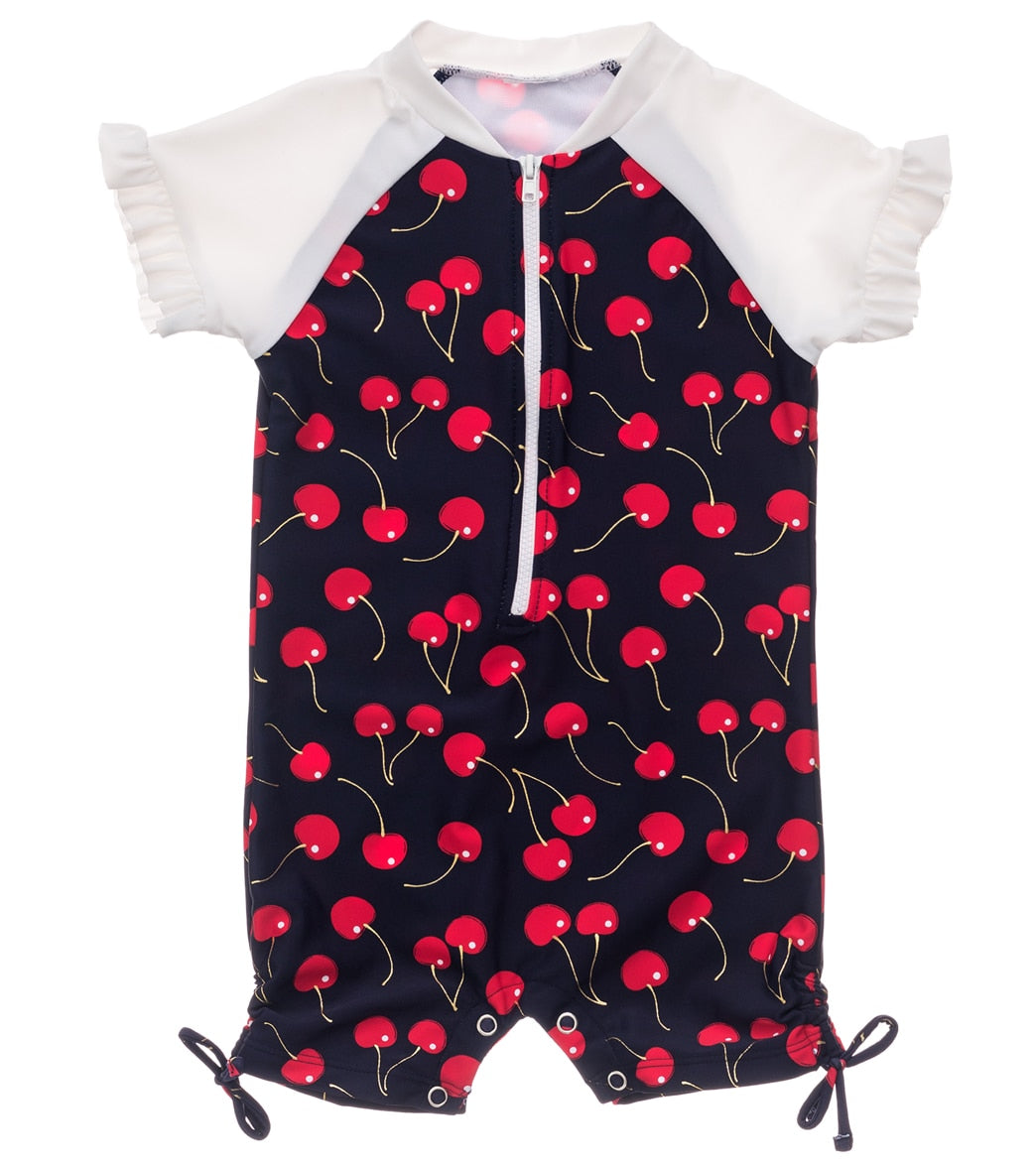 Snapper Rock Girls' Ma Cheri Short Sleeve Ruffle Sunsuit Baby - Navy 0 0-6 Months Elastane/Polyamide - Swimoutlet.com