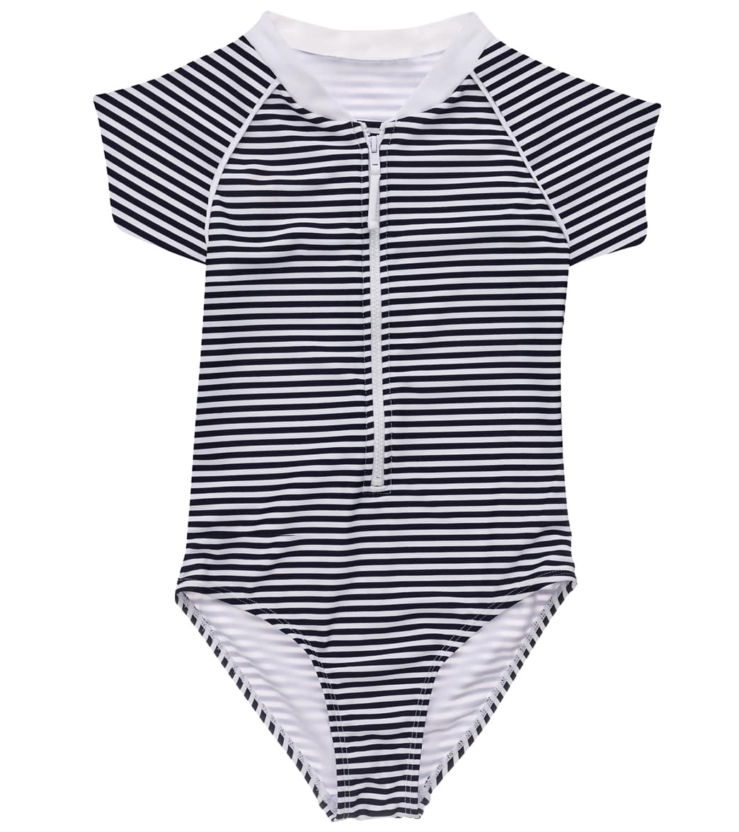 Snapper Rock Girls' Nautical Stripe Short Sleeve One Piece Surf Suit Toddler/Little/Big Kid - Blue 10 Elastane/Polyamide - Swimoutlet.com