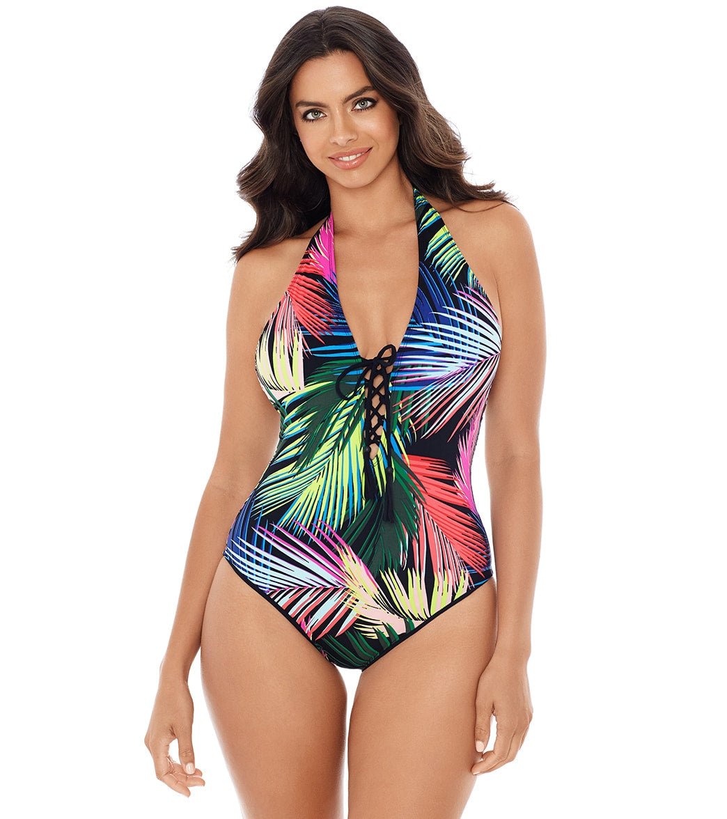 Skinny Dippers By Miraclesuit Women's Bright Lights Sirene Halter One Piece Swimsuit - Multi Large - Swimoutlet.com