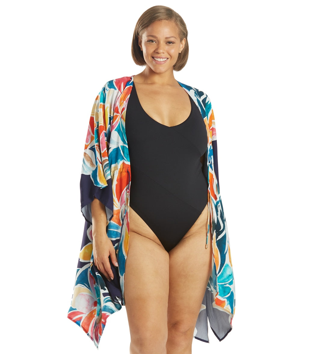 La Blanca Women's Plus Size Petals In Bloom Kimono - Indigo One - Swimoutlet.com