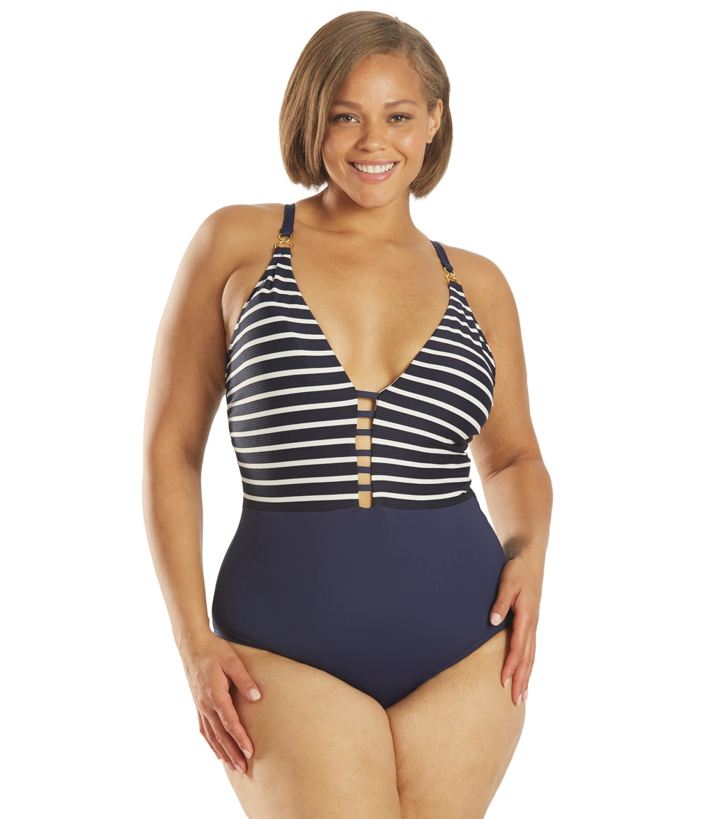 La Blanca Women's Plus Size Capri Stripe Plunge One Piece Swimsuit - Indigo 16W - Swimoutlet.com