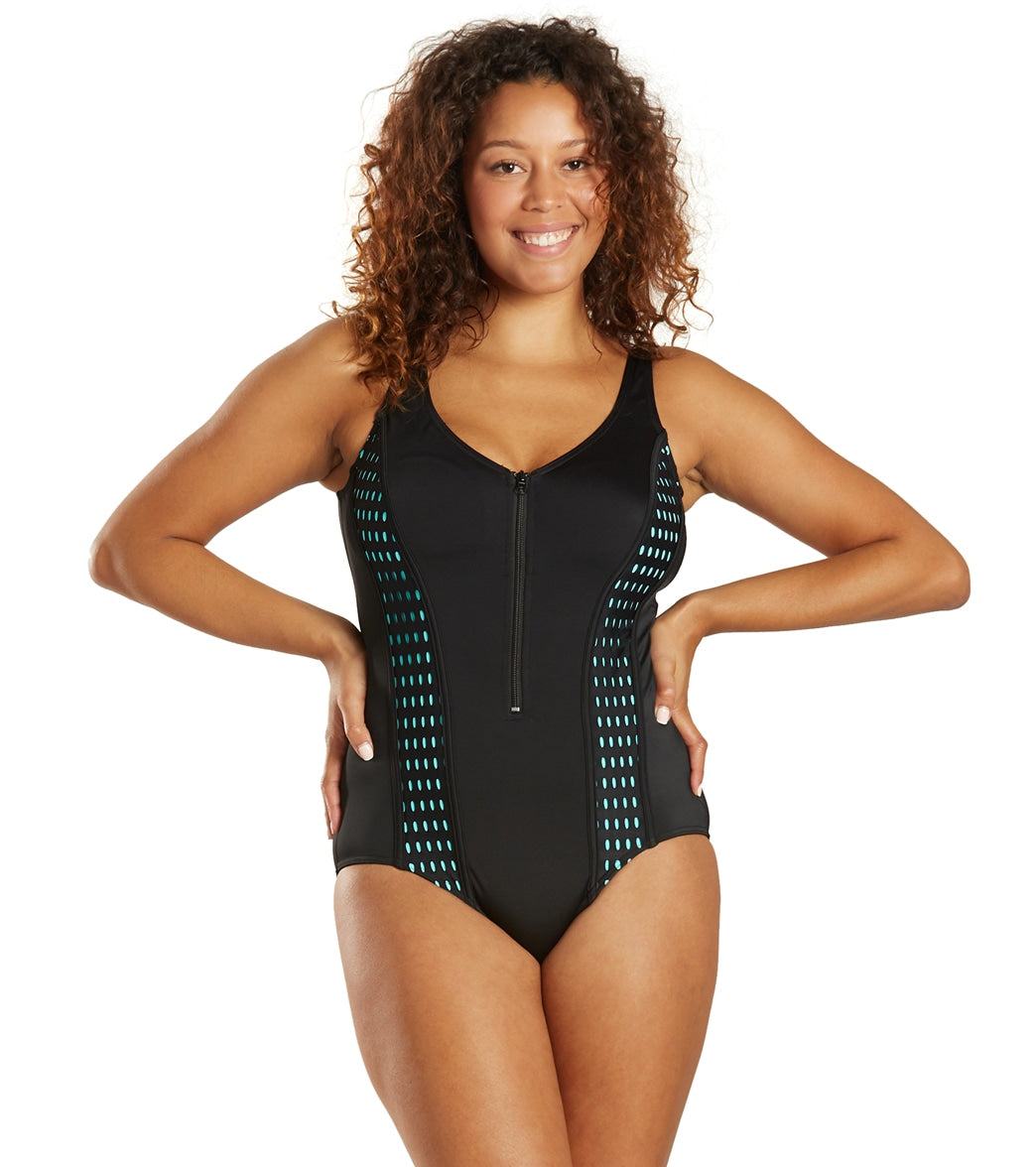 Fit4U Women's Lattice V Neck Zipper One Piece Swimsuit C Cup - Black 10 - Swimoutlet.com