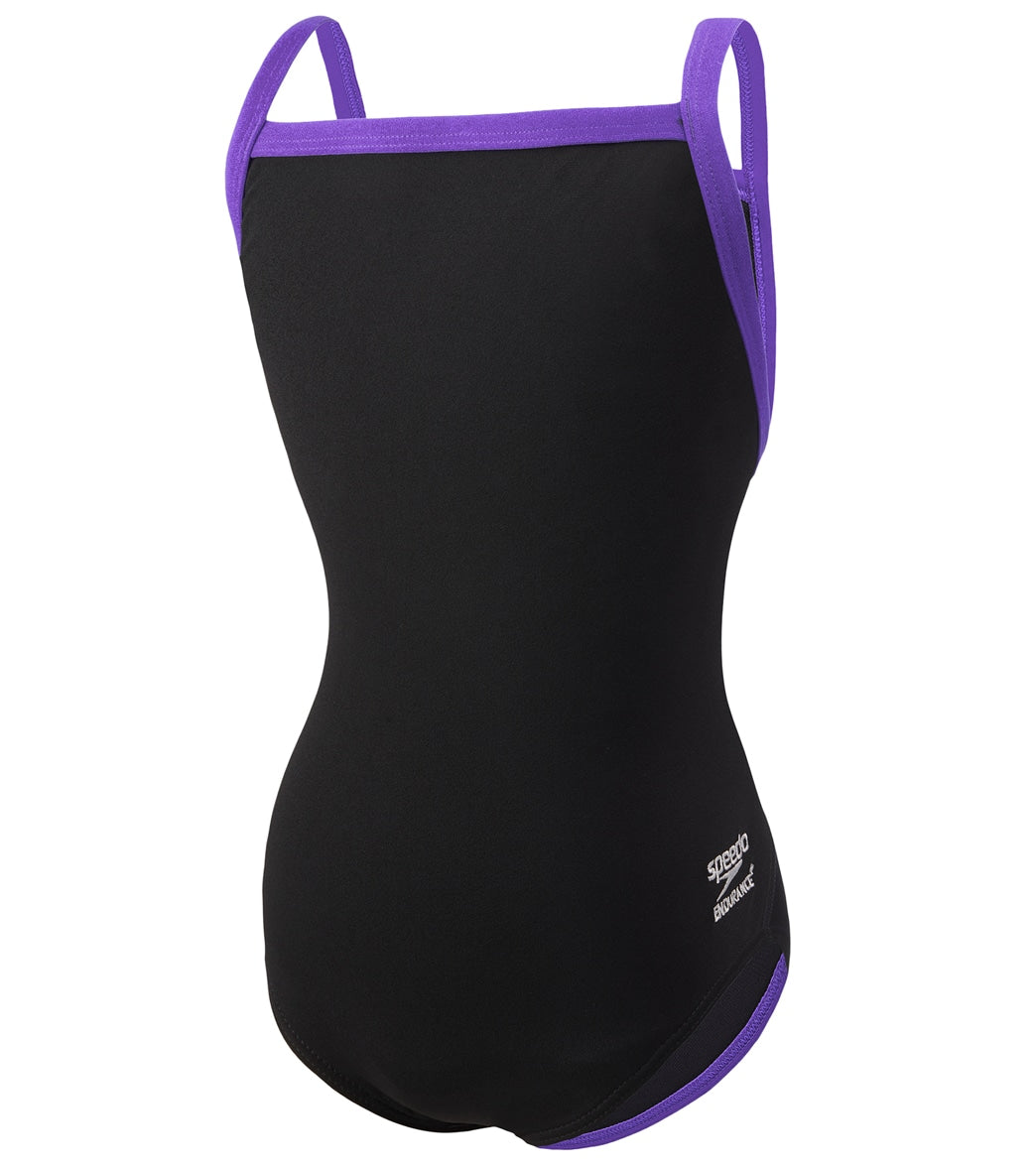 Speedo Girls' Solid Endurance + Flyback Training One Piece Swimsuit - Black/Purple 22 Polyester/Pbt - Swimoutlet.com