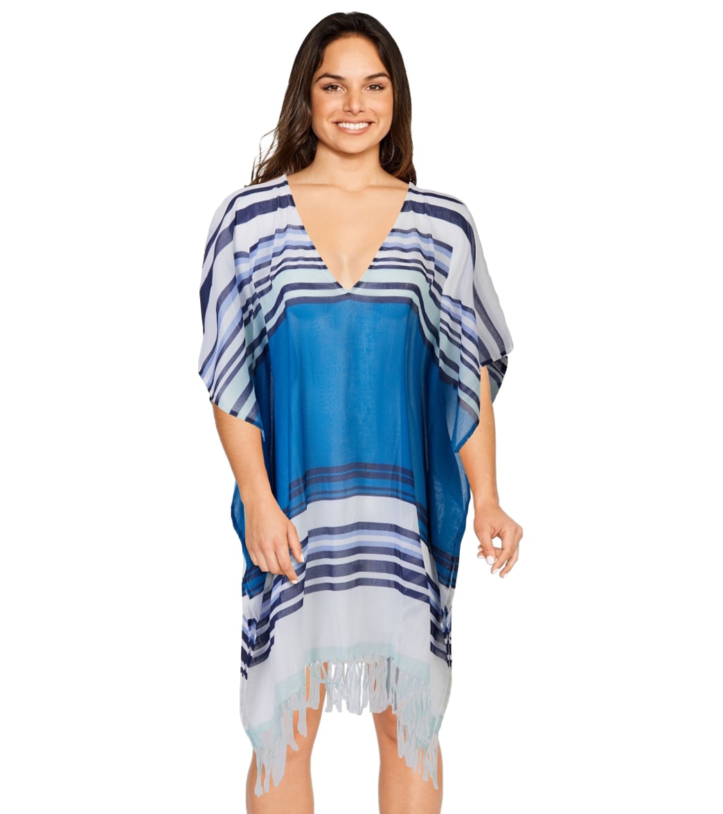 Splendid Women's Baja Babe Fringe Cover Up Tunic - Blue Multi Stripe One Size - Swimoutlet.com