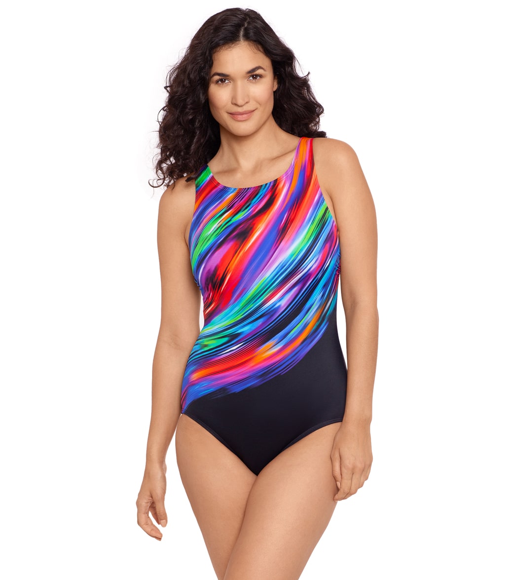 Reebok Women's Glowing Strong High Neck Chlorine Resistant One Piece Swimsuit - Multi 12 - Swimoutlet.com