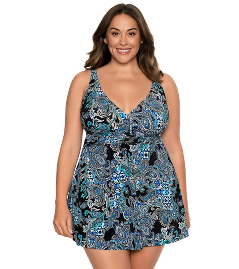 Penbrooke Women's Plus Size Paisley Punch Empire Banded Swim Dress at ...