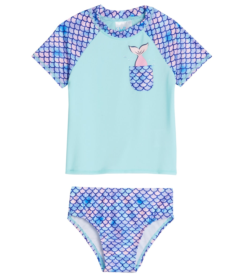 Girls Long Sleeve Rash Guard + Tankini Shorts Set (3 Piece) | Navy Gingham