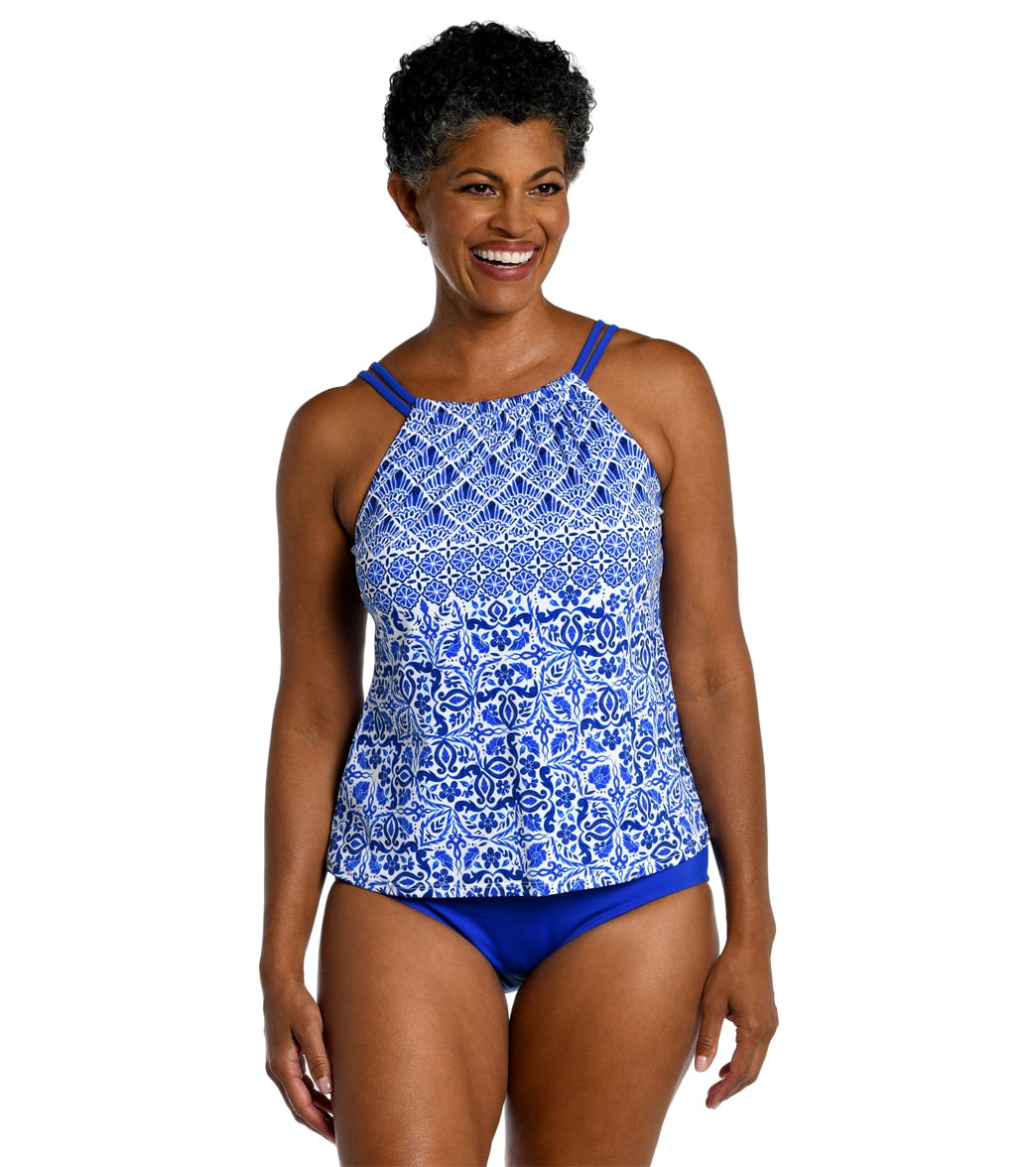 OmicGot Women's Halter V Neck Tankini Top with Skirted Bottom Swimsuit  Set(S-XXXL) 