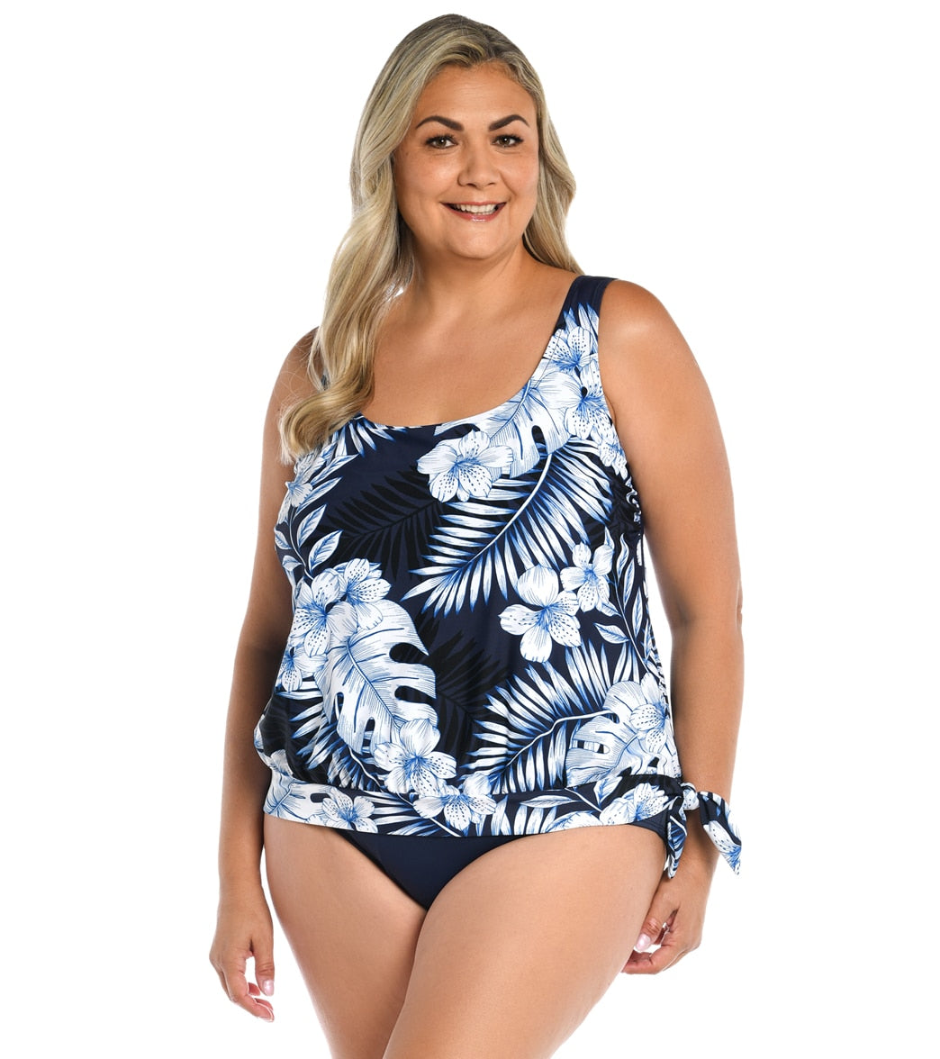 Maxine Women's Indigo Palms Blouson Tankini Top at