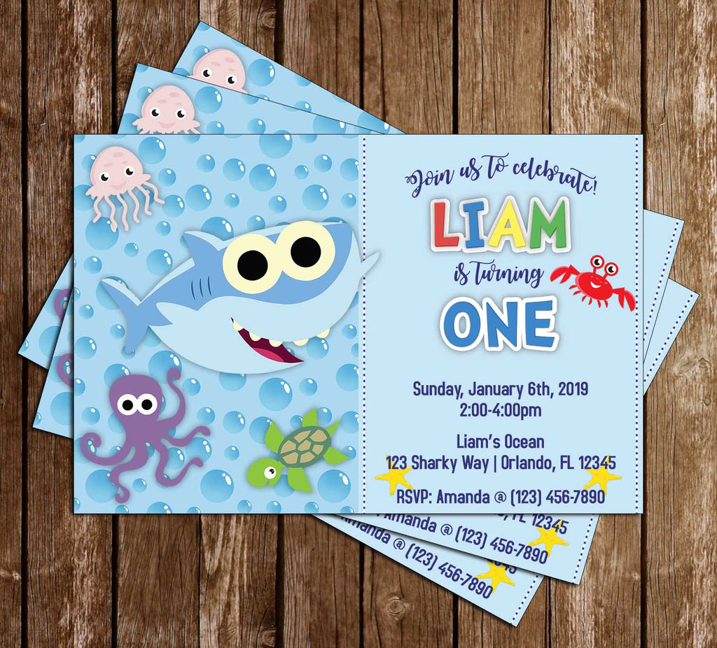 Novel Concept Designs Baby Shark Blue Birthday Party Invitation