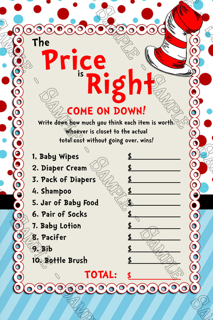 Novel Concept Designs  Cat in the Hat  Price is Right  Dr Seuss  Baby Shower Game