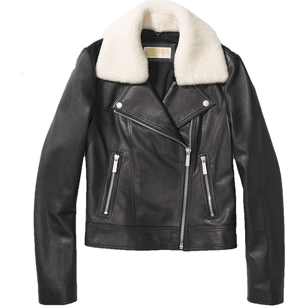 Michael Michael Kors Black Leather Jacket with Shearling Collar – Bluefly
