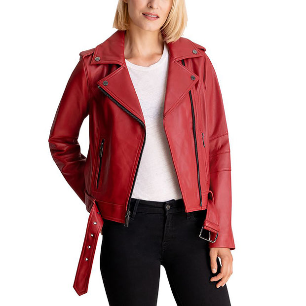 Michael Kors women's Moto Leather Jacket-Scarlet – Bluefly