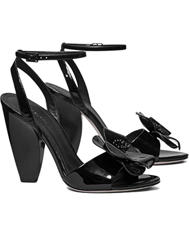 Tory Burch Women's Black Patent Leather Flower Heeled Sandals – Bluefly