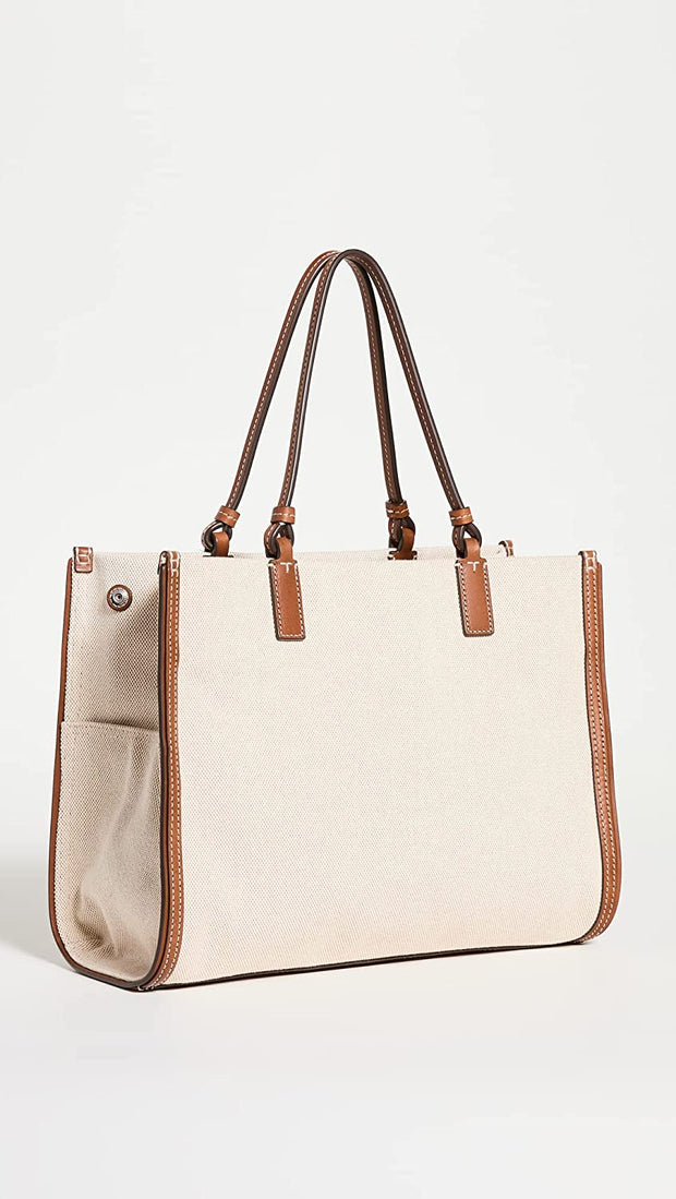 Tory Burch Women's Ella Canvas Small Tote Bag, Natural/Natural Vachett –  Bluefly