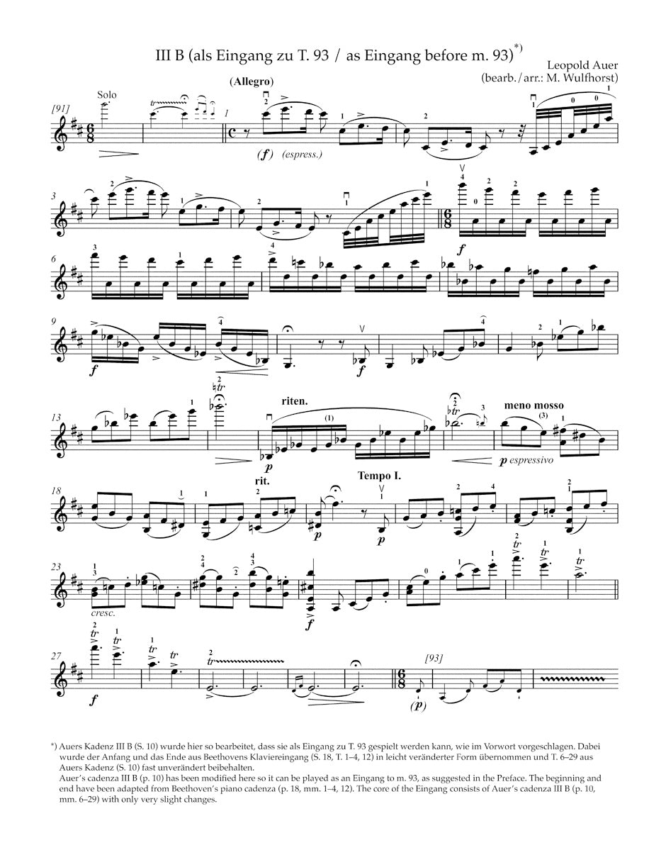 Beethoven Cadenzas to Beethoven's Concerto Violin and Orche