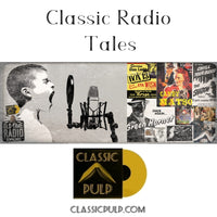 kid yelling at microphone, banner for old time radio. OTR classicpulp.com