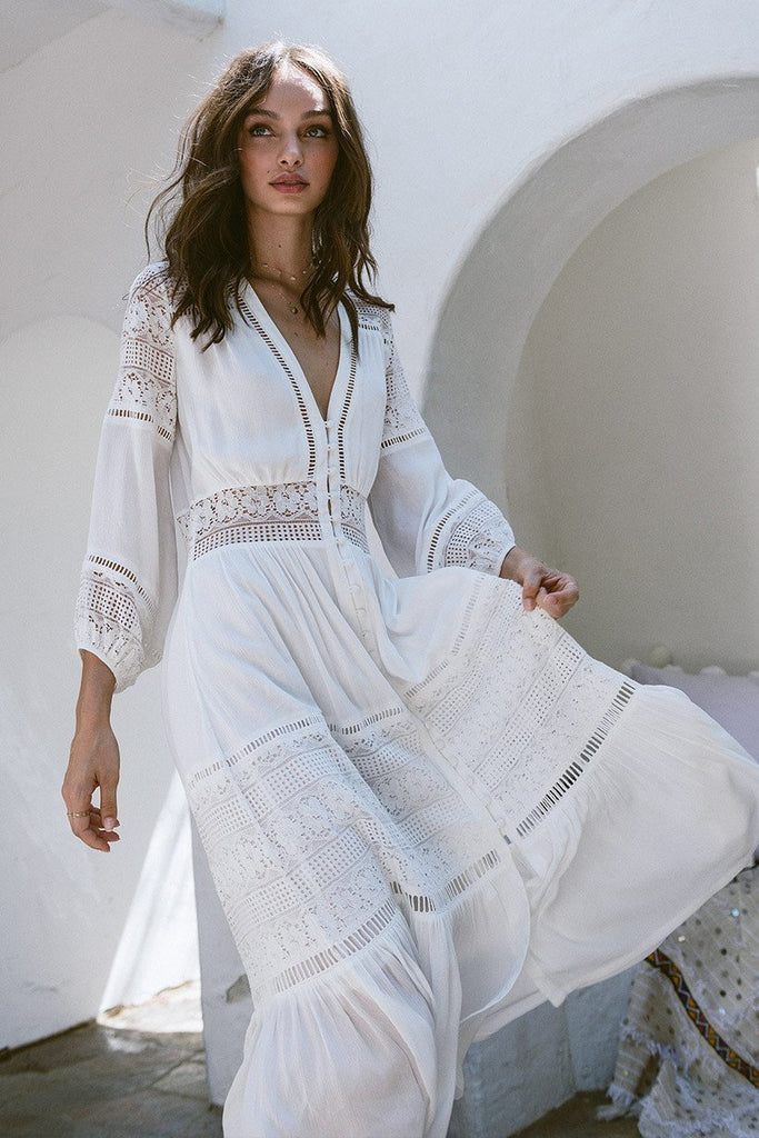 white cotton long sleeve maxi dress