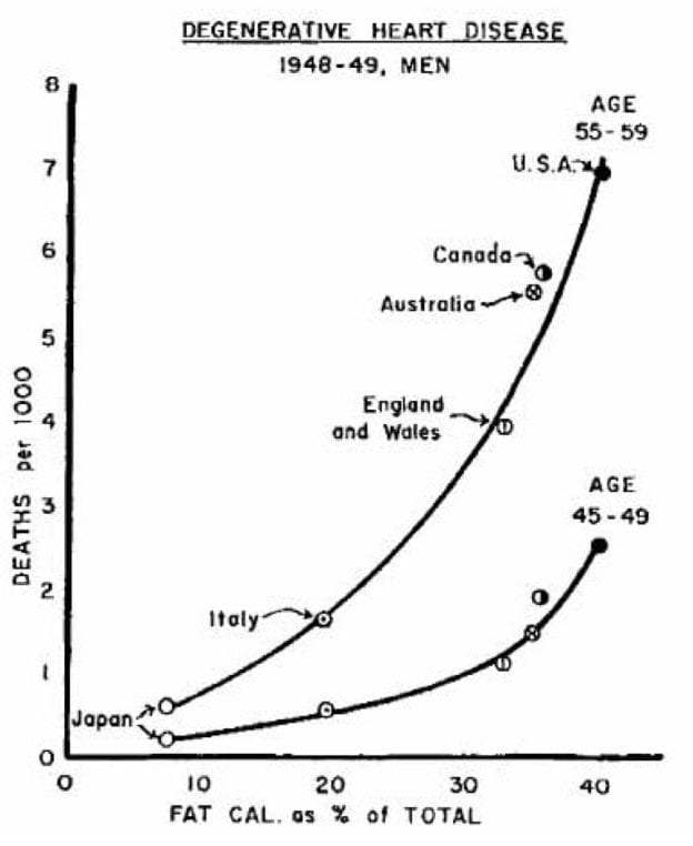 7 Countries Study showing deaths increase as fat consumption increase