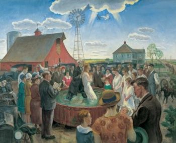 Le Baptême au Kansas (1928) de John Steuart Curry est typique de la description de la vie rurale dans le Midwest.